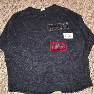 Blue long sleeve T-shirt with embroidered words